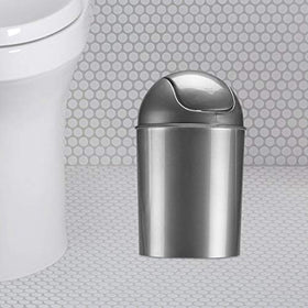 Umbra small waste bin silver fits into office desks and tight spots.