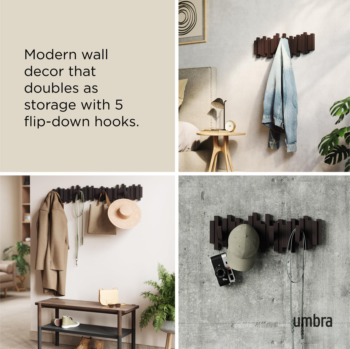 Umbra Sticks five flip-down hooks provide easy access to everyday items.