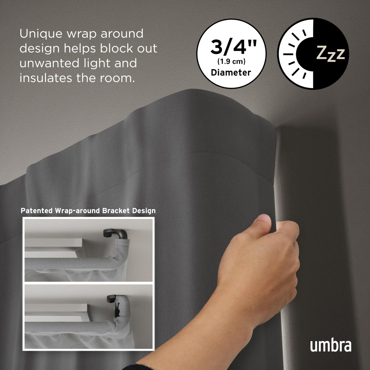 Umbra Twilight adjustable brackets fit grommet, back-tab, and rod-pocket curtains.