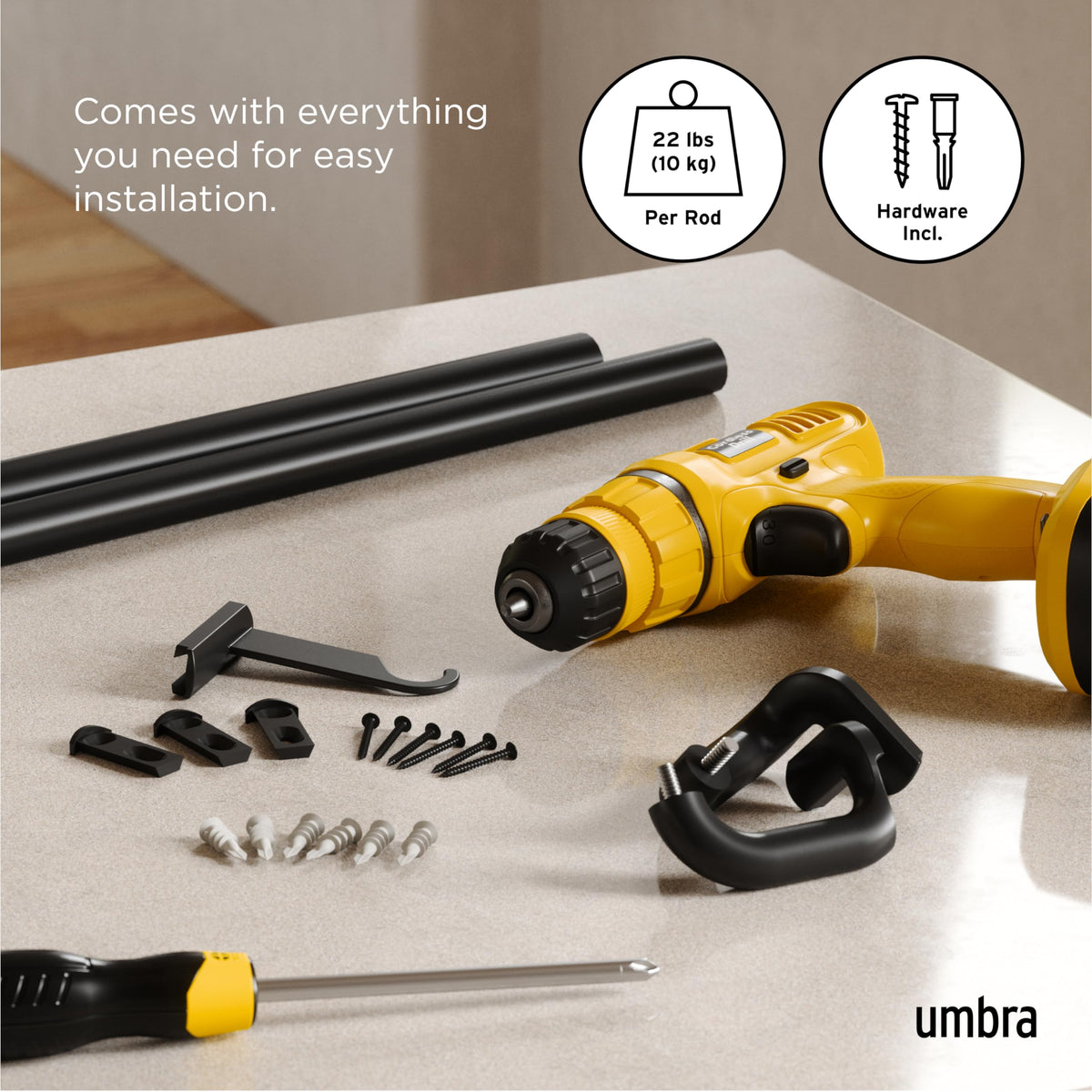 Umbra Twilight wrap-around design keeps curtains flush against wall for privacy.