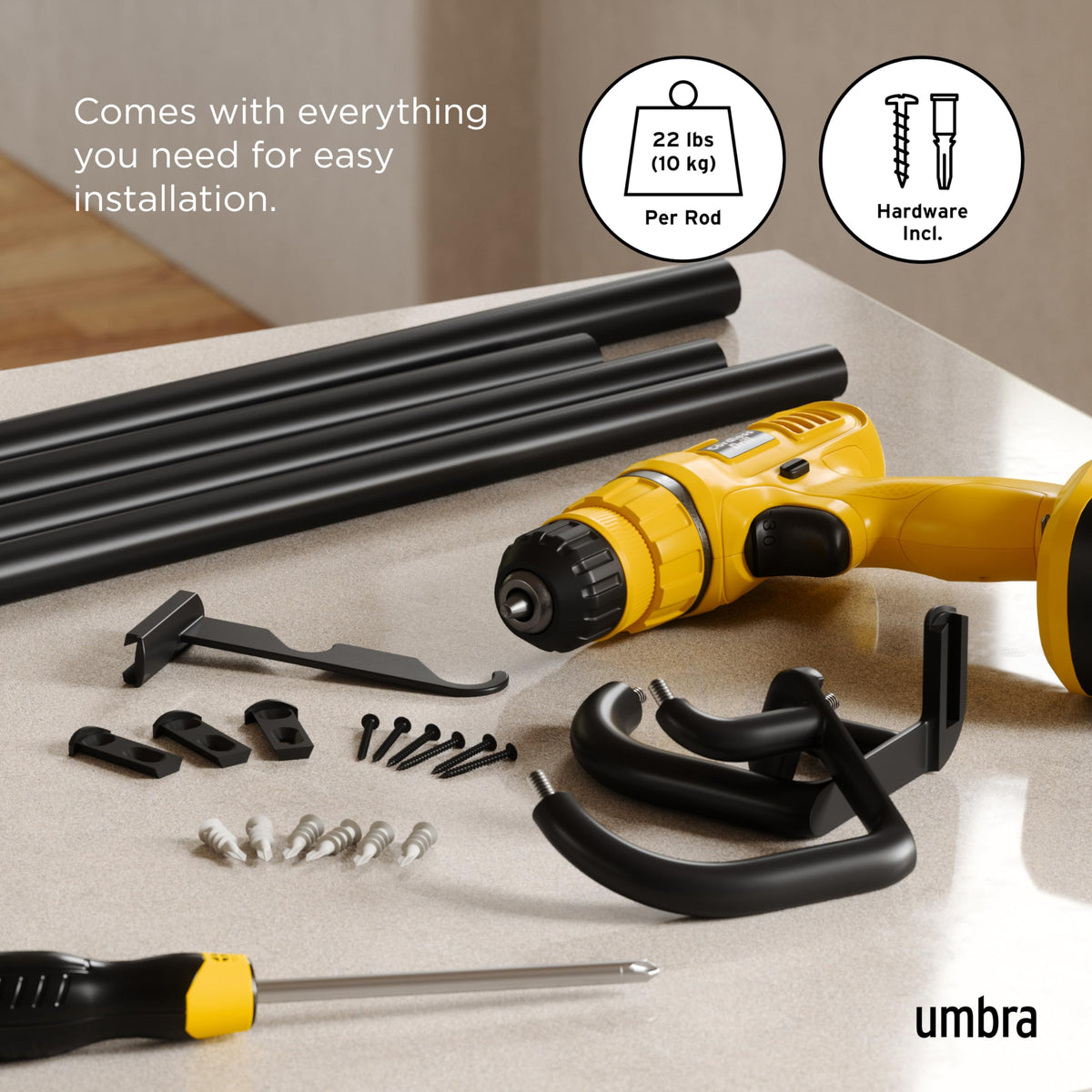 Umbra Twilight modern black finish complements decor while improving privacy.