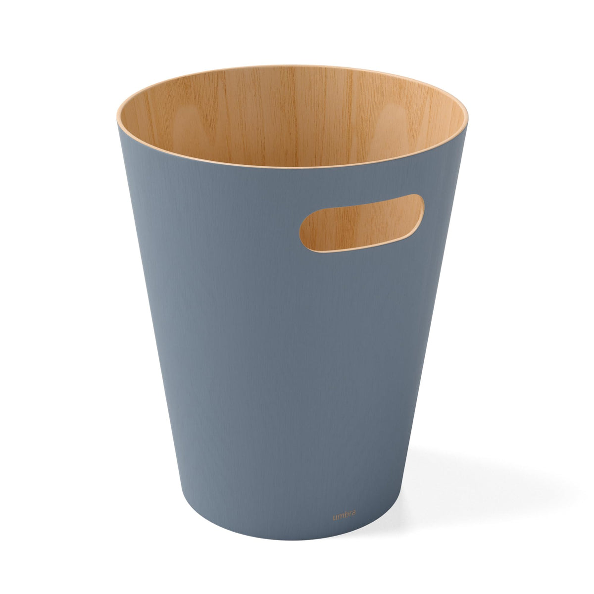 Umbra Woodrow trash can with slate-blue exterior for modern spaces.