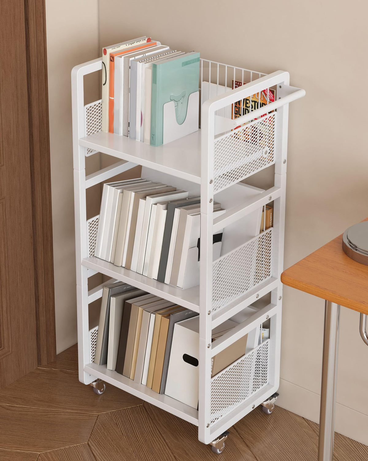 UMDONX double-sided book cart with dual shelves for efficient classroom organization.
