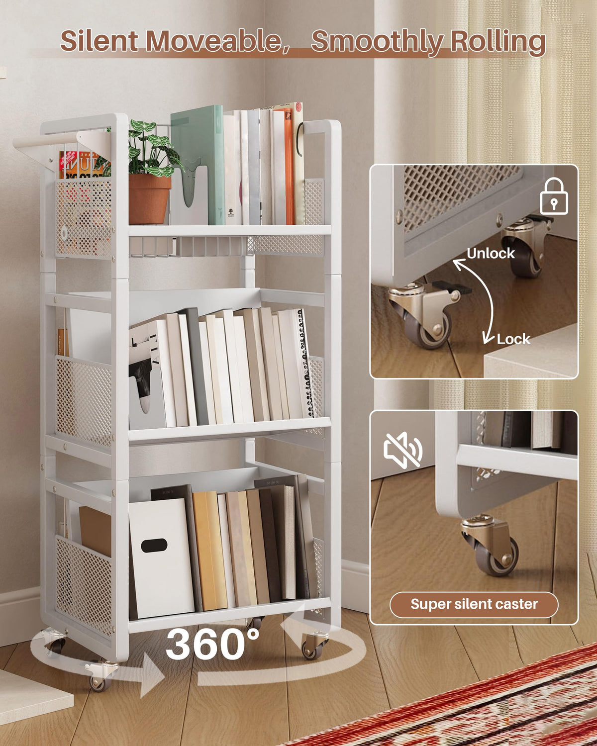 UMDONX rolling cart with silent 360-degree wheels for quiet movement.