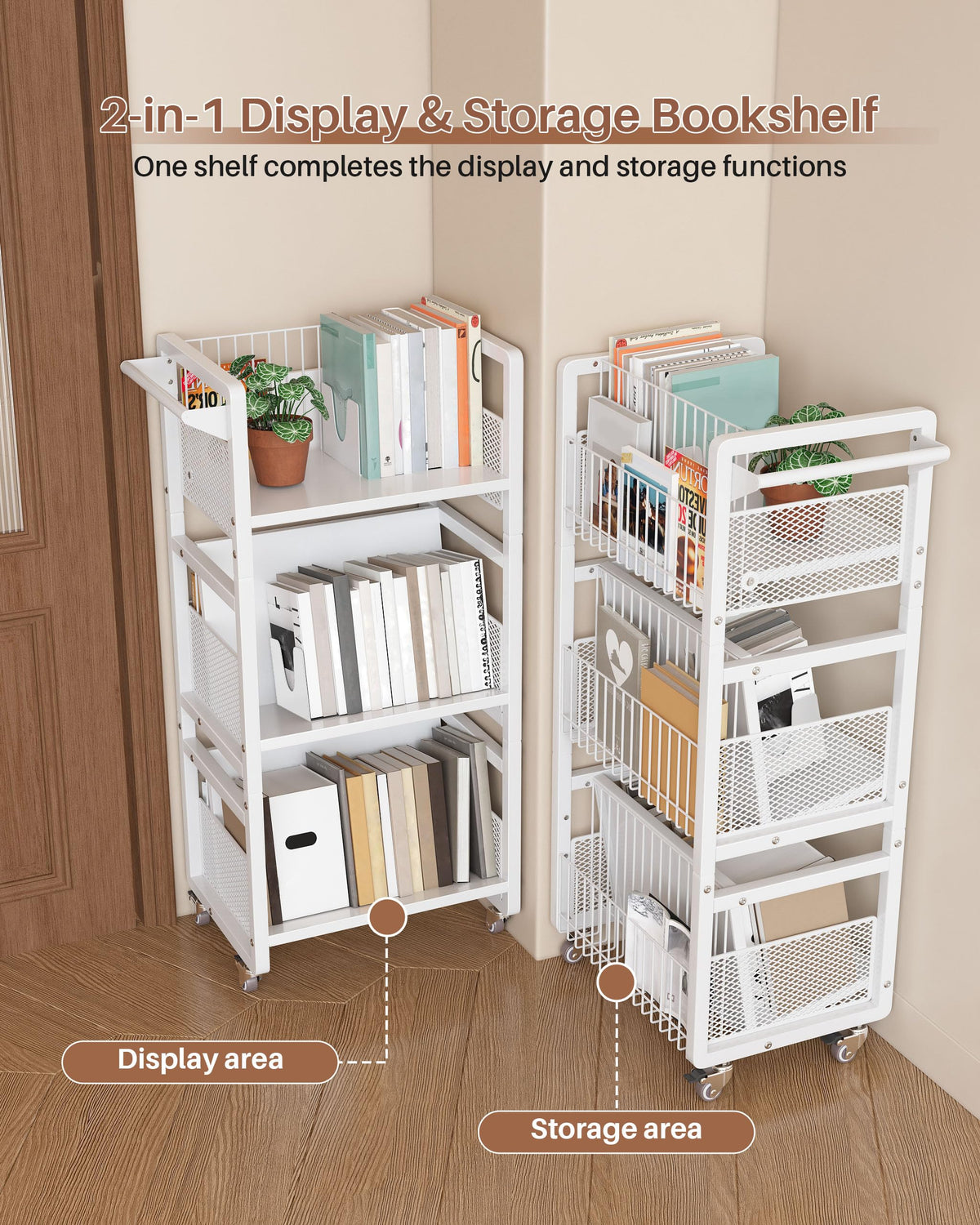 UMDONX white finish mobile book cart ready for flexible use.