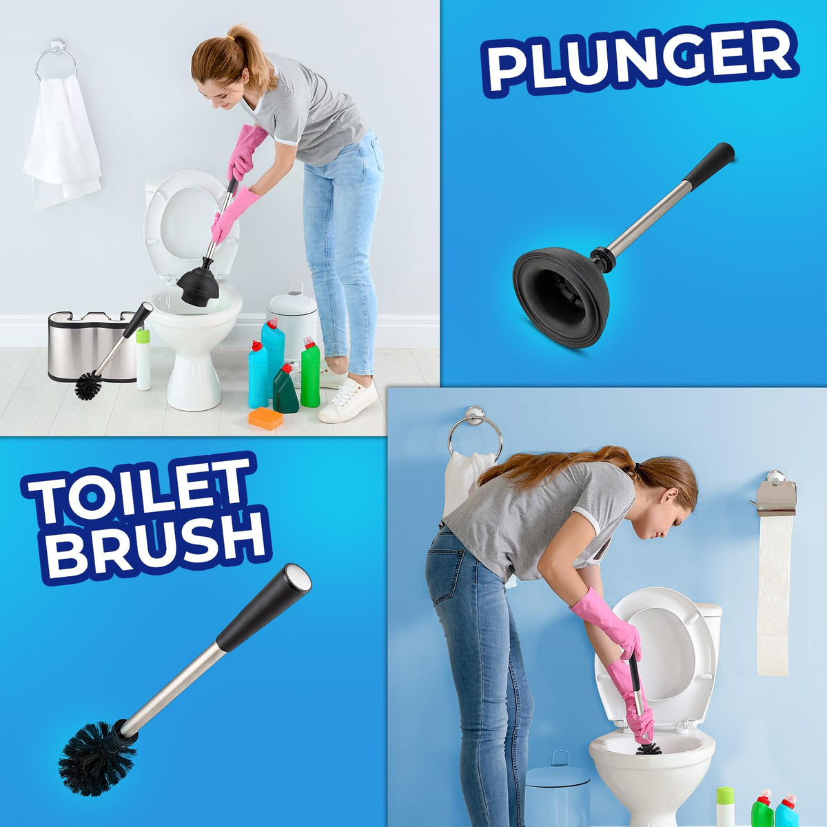 UMIEN freestanding canister keeps brush and plunger neatly stored with drip tray.
