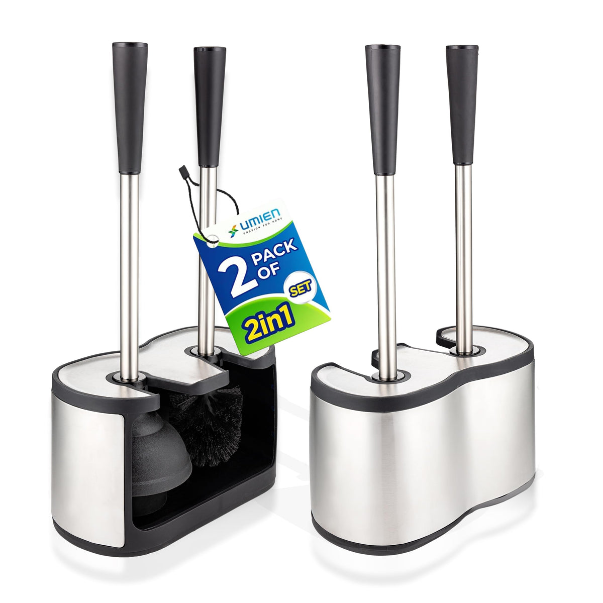 UMIEN toilet brush and plunger set closeup in satin nickel with anti-rust durability.
