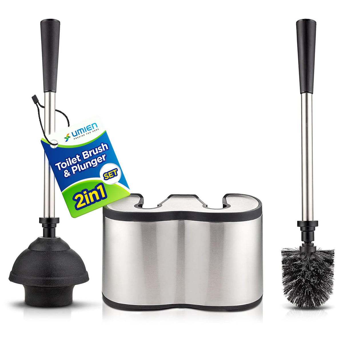 UMIEN toilet brush and plunger set 18in stand highlights anti-rust design for a cleaner bathroom.