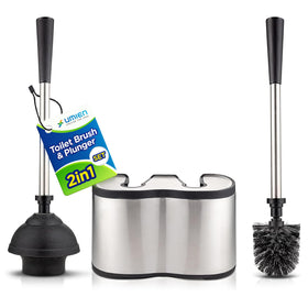 UMIEN toilet brush and plunger set 18in stand highlights anti-rust design for a cleaner bathroom.
