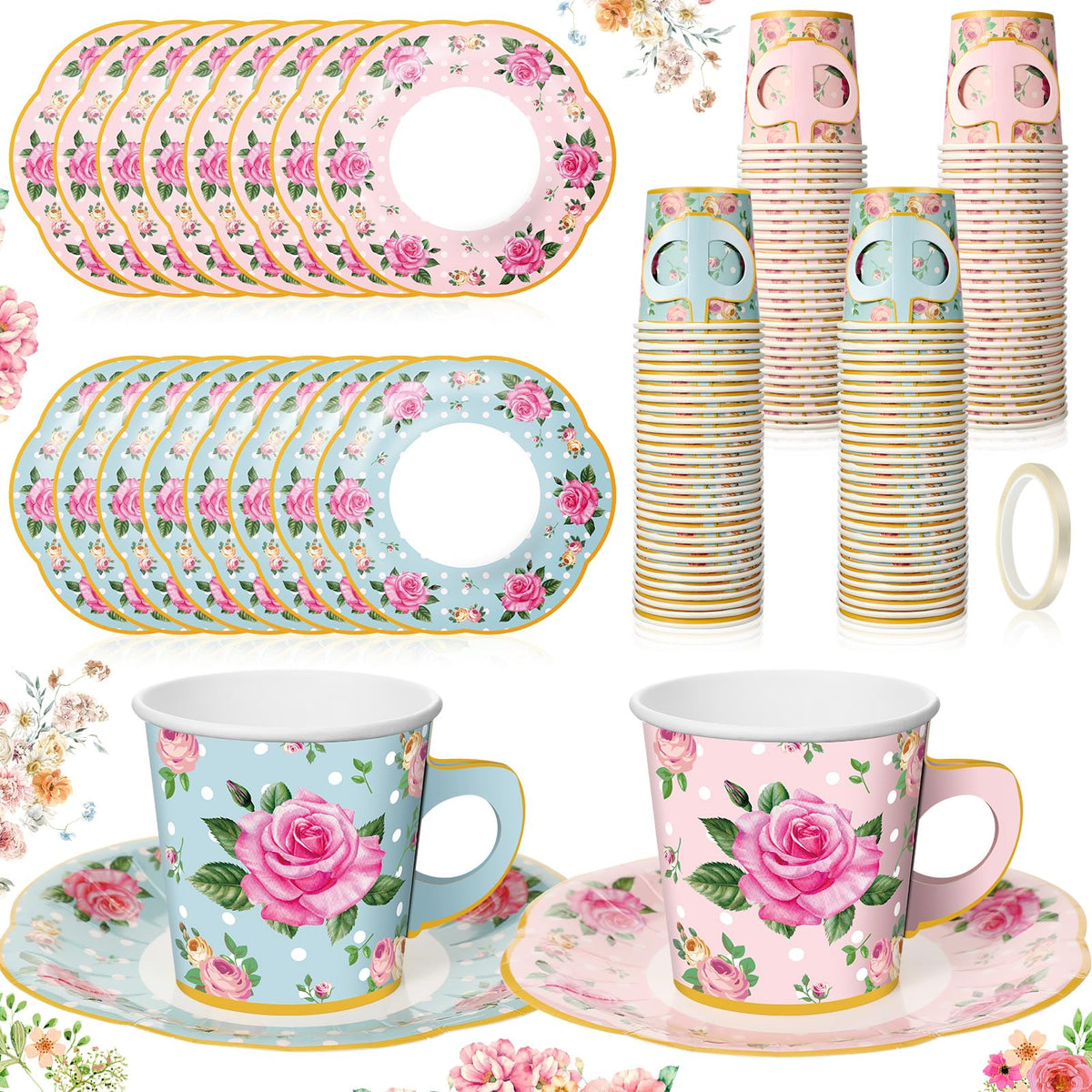 Umigy floral tea cups with blue and pink petals for stylish tea parties.