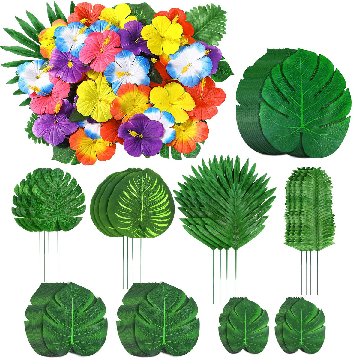 UMIKU 142Pcs Luau decor palm leaves and monstera for tropical table setup