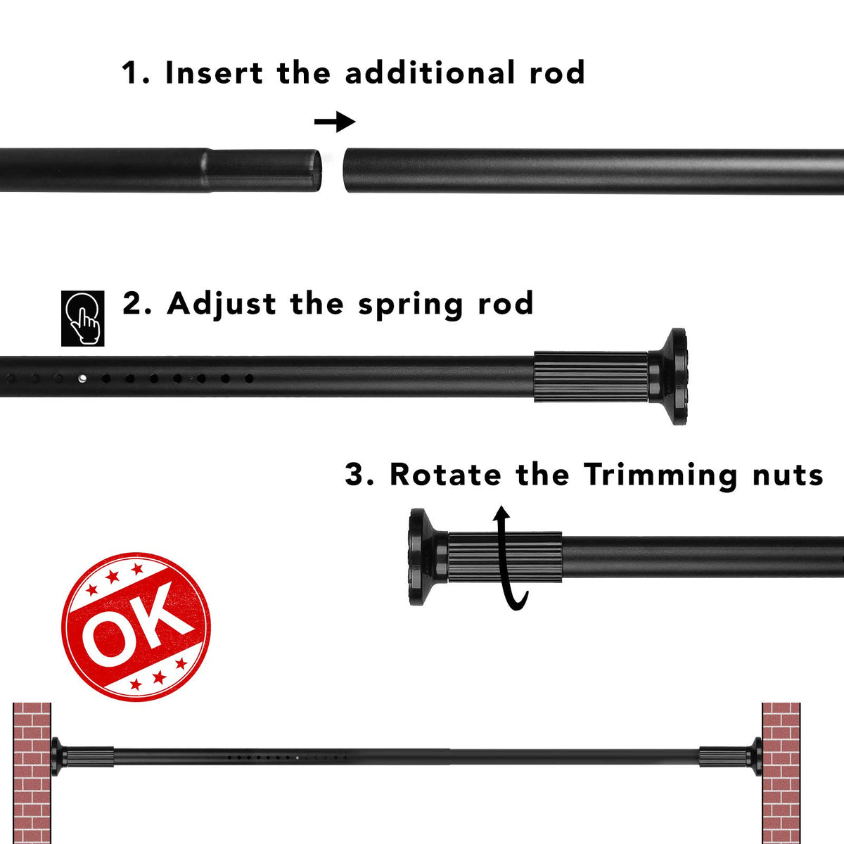 Umimile tension curtain rod on diverse surfaces showing wall-friendly rubber pads.