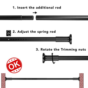 Umimile tension curtain rod on diverse surfaces showing wall-friendly rubber pads.