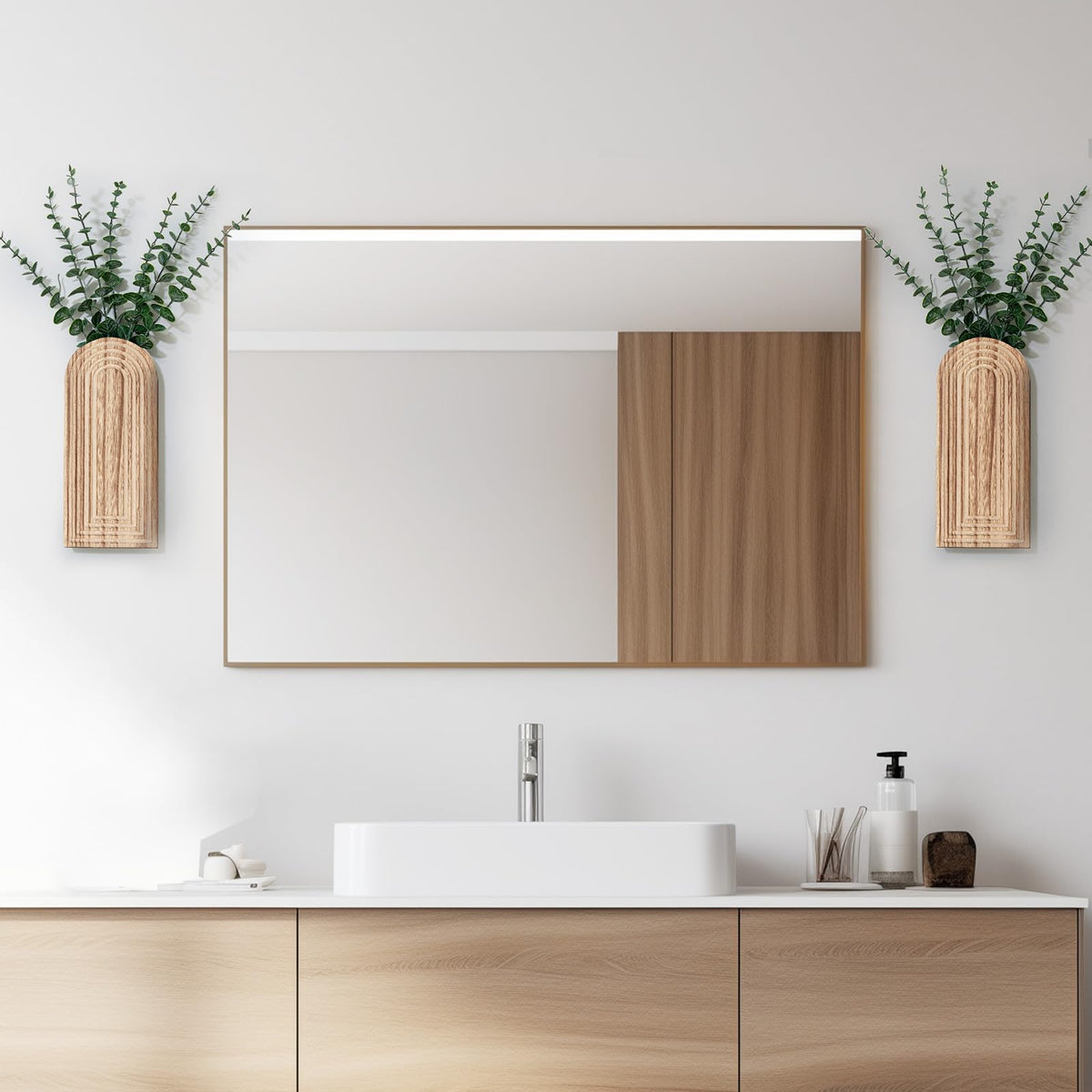 Umitiu wood wall vase easy-mount hanging option enhances living room decor.