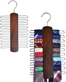 Umo Lorenzo wooden necktie and belt hanger with 20 hooks for organized closet storage.