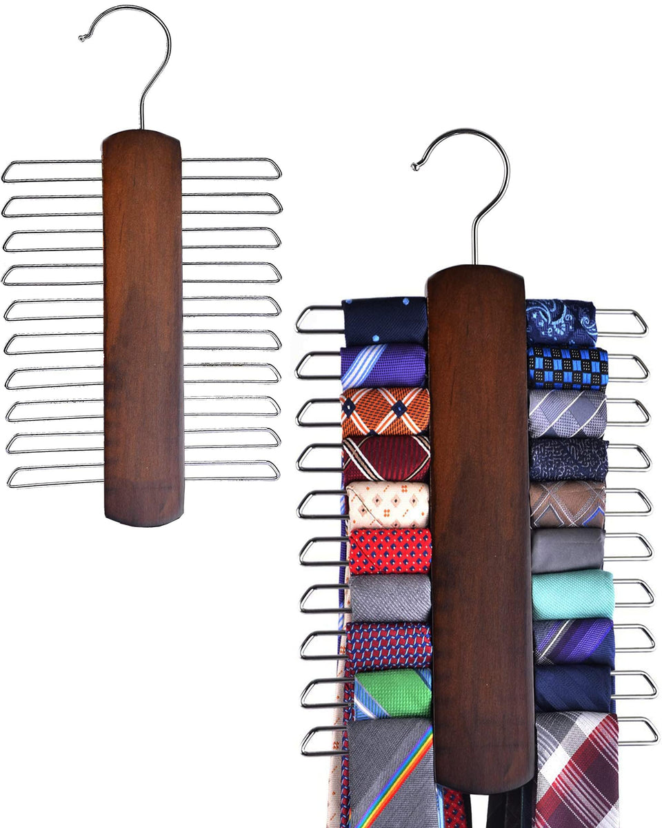 Umo Lorenzo wooden necktie and belt hanger with 20 hooks for organized closet storage.