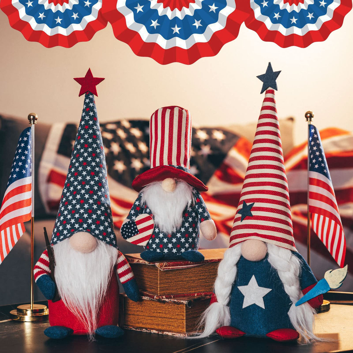 unanscre stars-stripes hats gnomes decorative accents for shelves.