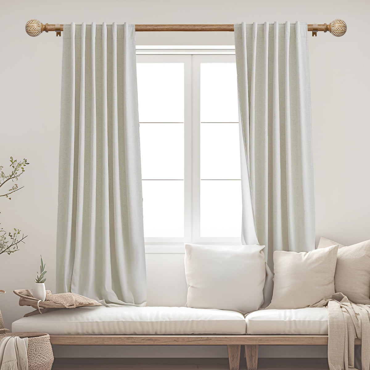 UNCONSIL wood grain leaf finials adding decorative appeal to the rod