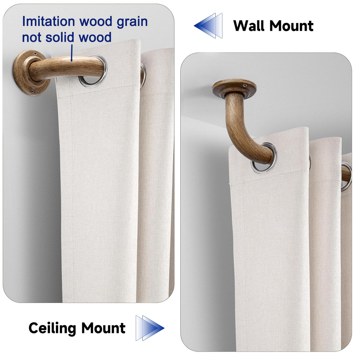 UNCONSIL wood grain pattern curtain rod showing wrap around design for light control