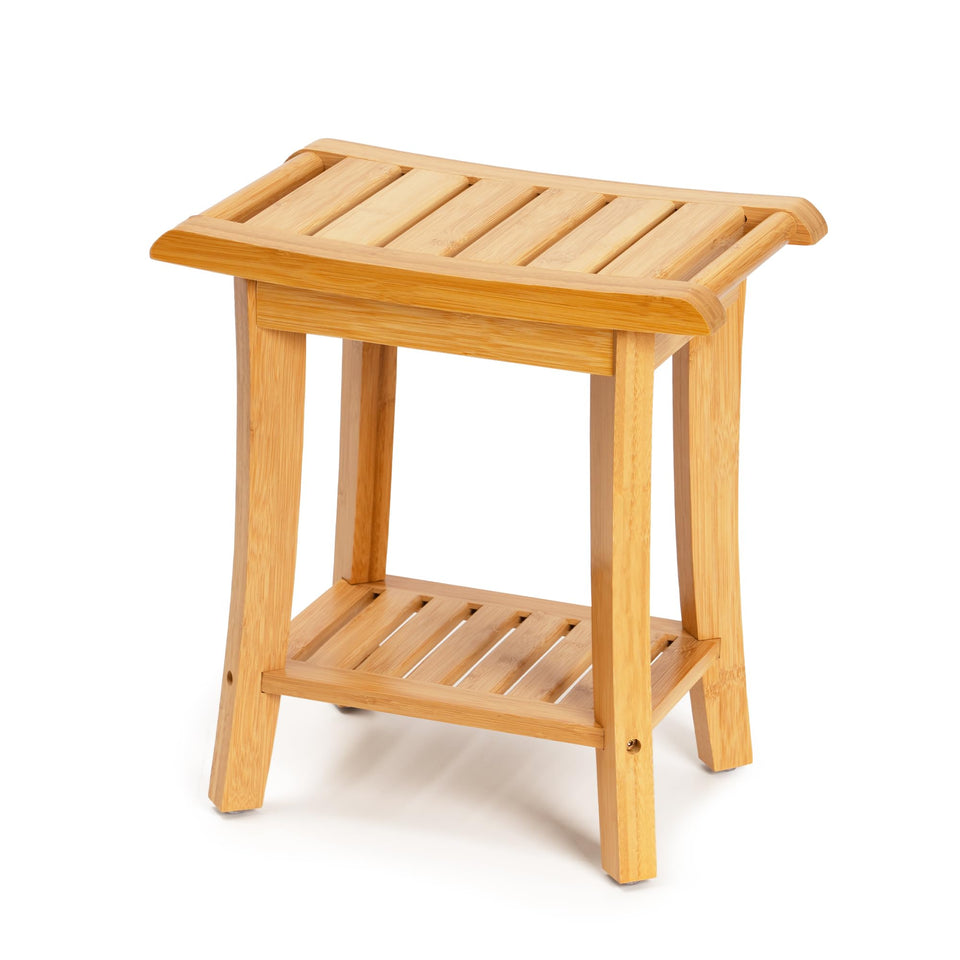 Unibambou bamboo shower bench inside shower for secure seating during baths