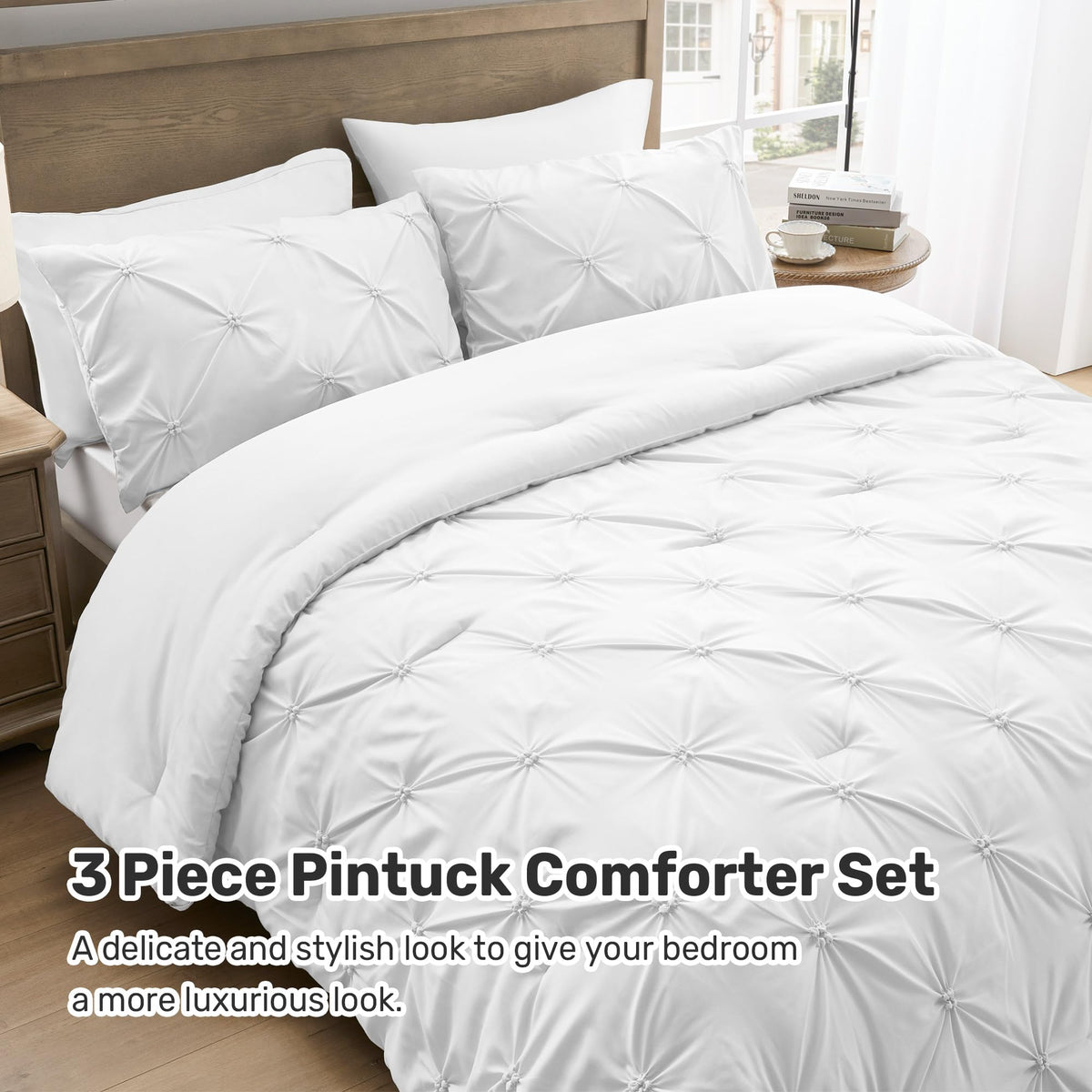 UNIKOME pintuck comforter highlights four corner tabs for secure duvet-style use.