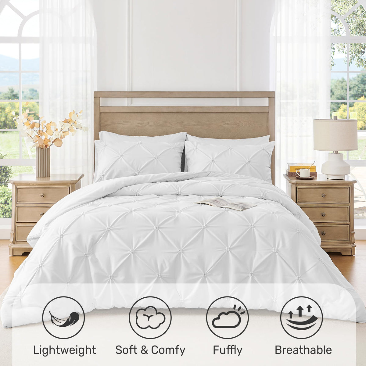 UNIKOME comforter fabric close-up shows soft microfiber and breathable feel.