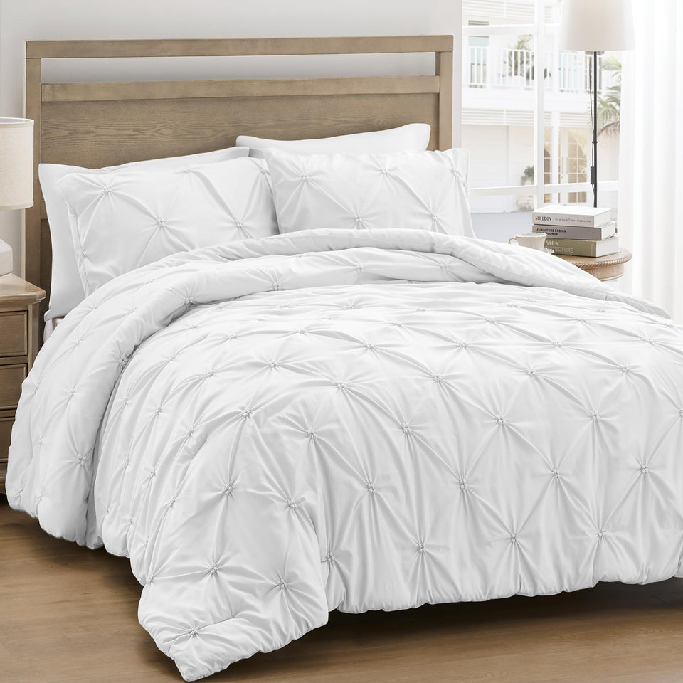UNIKOME Queen comforter set white with pintuck detail for elegant texture.