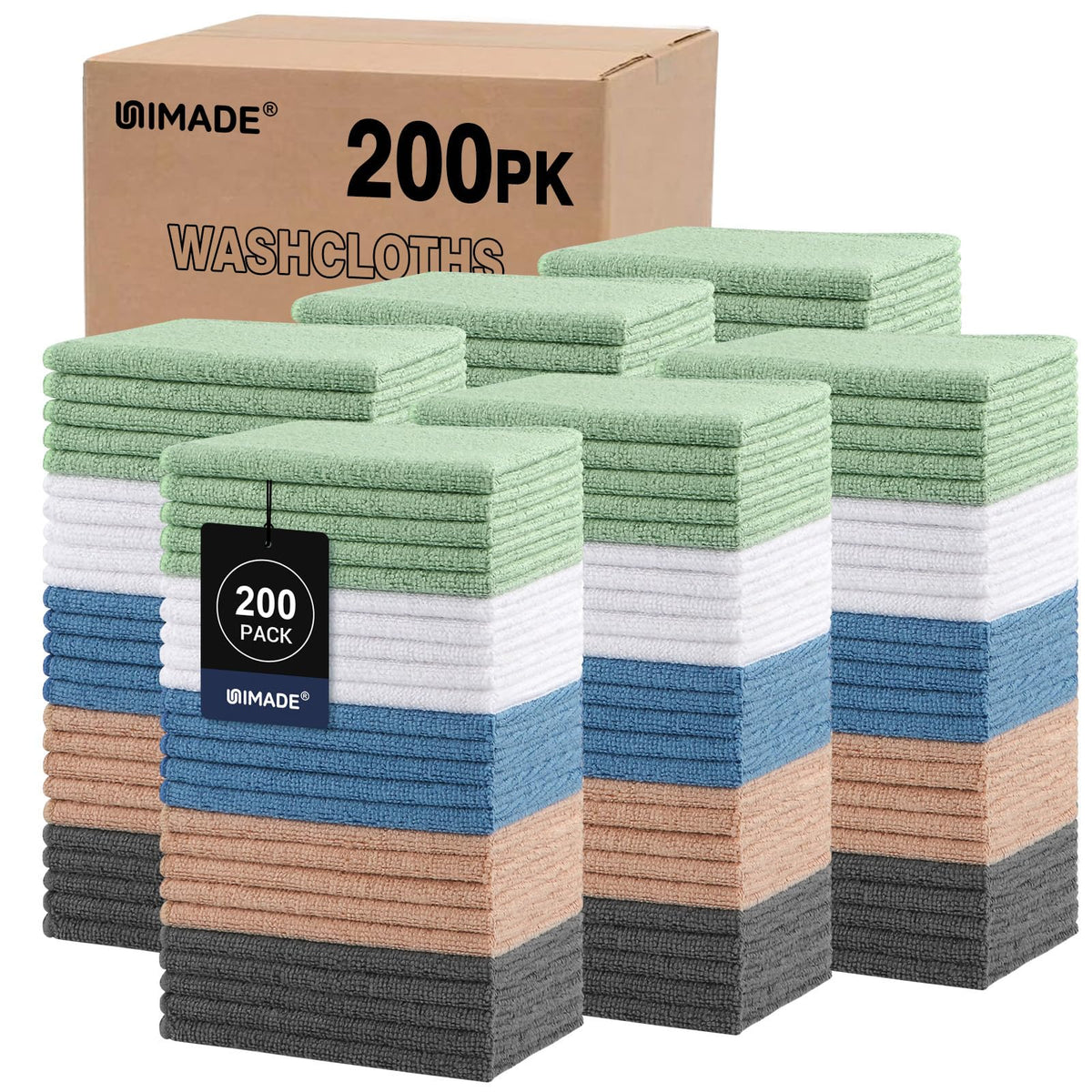 UNIMADE washcloth bulk 200-pack offers soft microfiber for daily cleansing and cost efficiency.