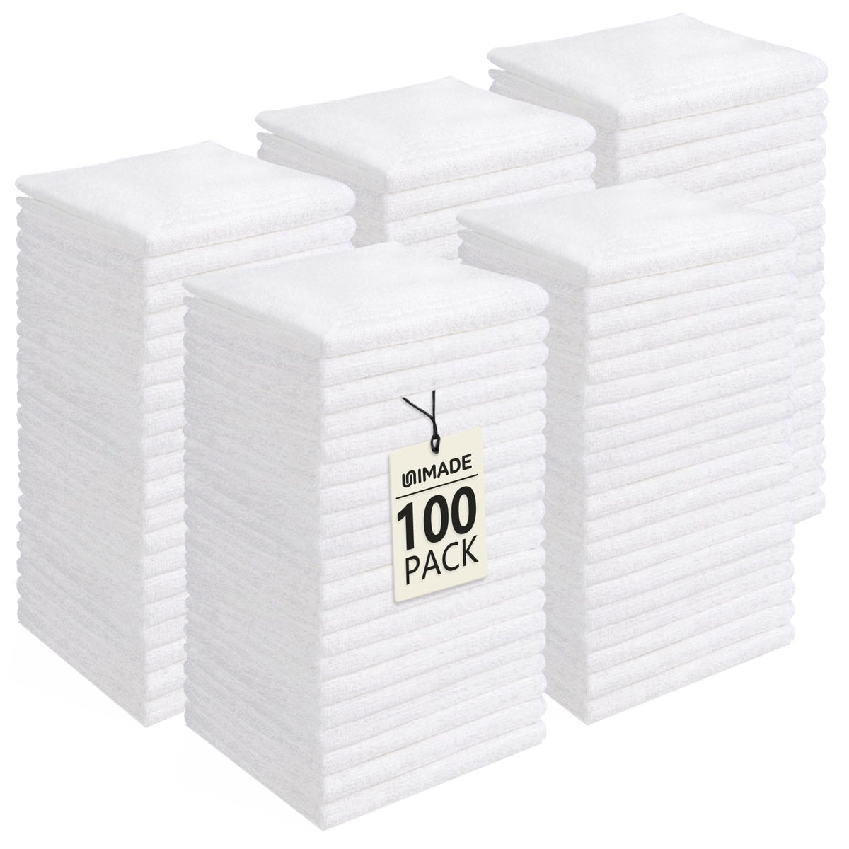 UNIMADE washcloths 100-pack pack shot shows premium microfiber softness.