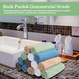 UNIMADE washcloths 12x12 inch size displayed on vanity for everyday use