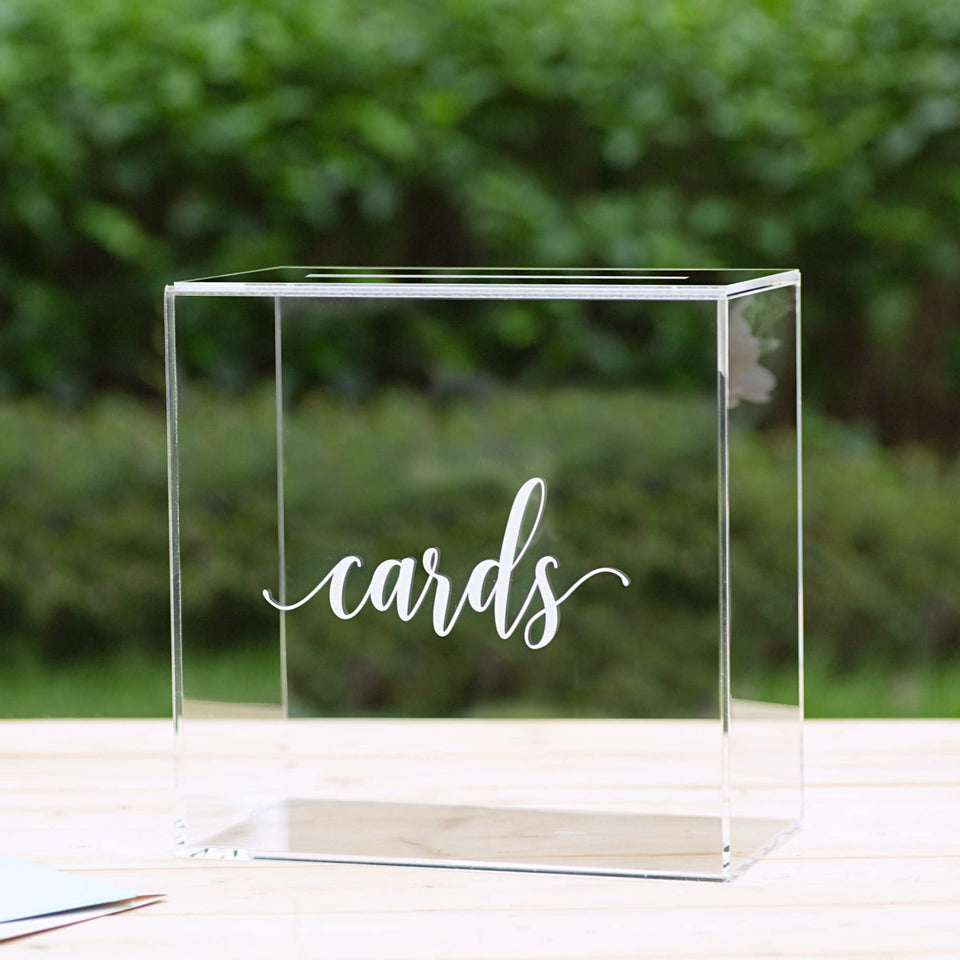 UNIQOOO clear acrylic card box with slot top view for elegant guest contributions.