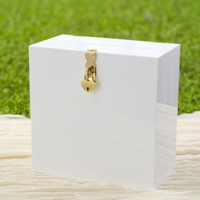 UNIQOOO White & Gold Heart Lock Box front view for elegant guest card display.