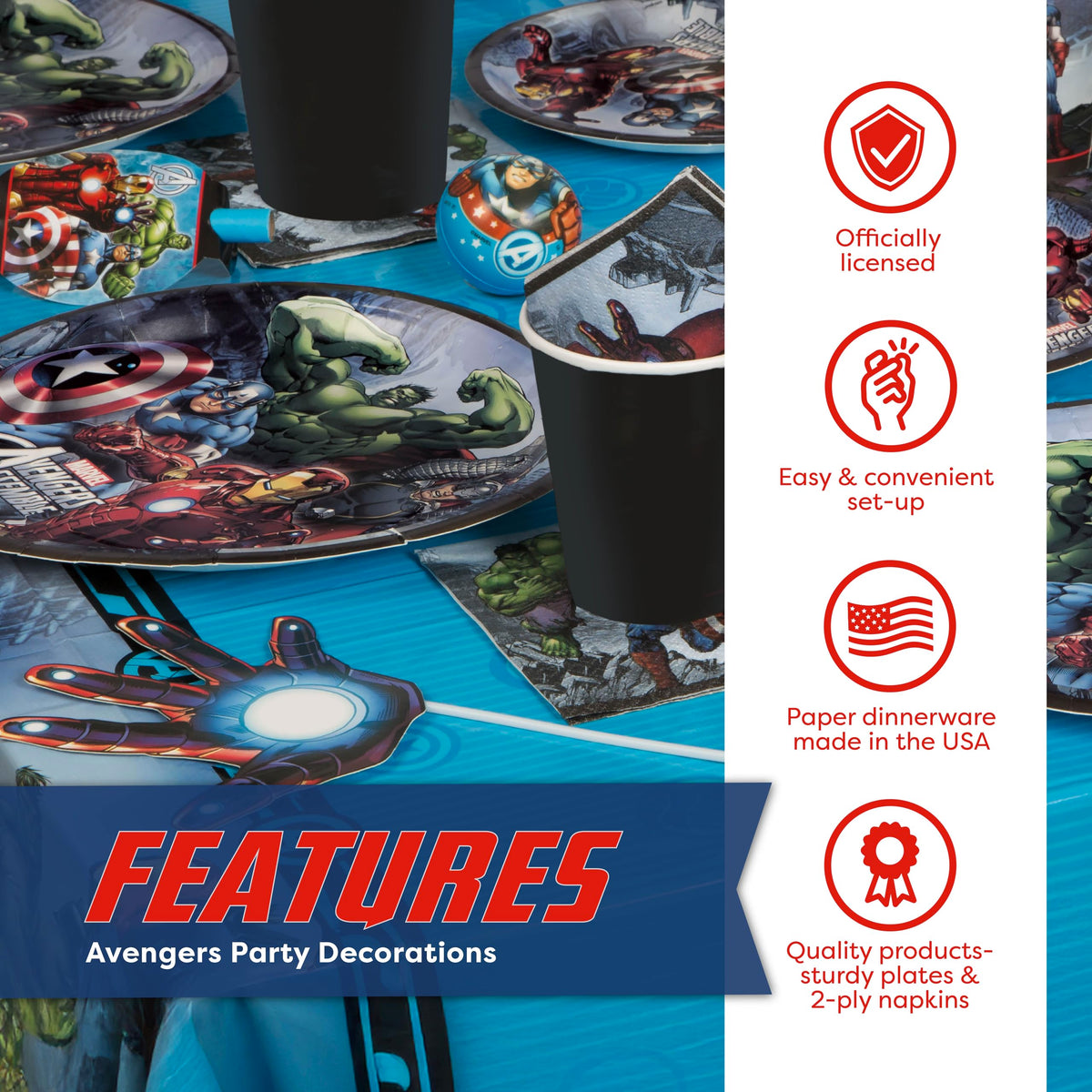 Unique Avengers party decor set tying tableware together for a themed celebration