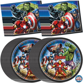 Unique Avengers plates for 32 guests provide sturdy service for party foods.