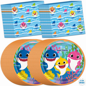 Unique Baby Shark birthday decorations kit on a party table for quick setup