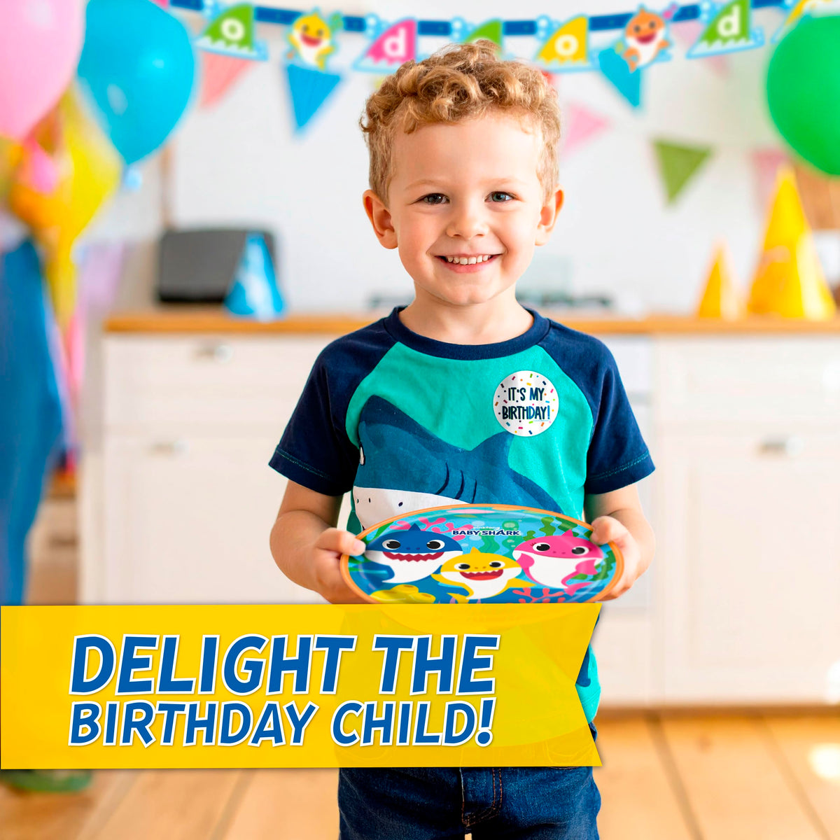 Unique Baby Shark officially licensed packaging showcased, ensuring authentic party decor