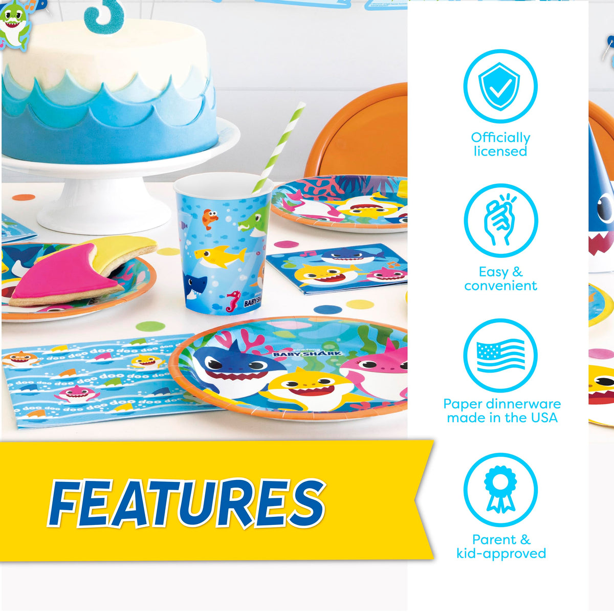Unique Baby Shark paper cups provide sturdy drinks for kids and adults alike
