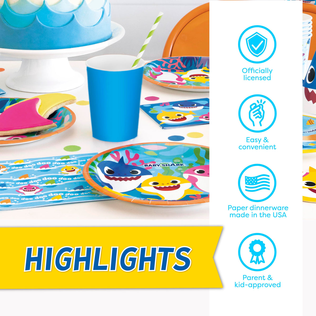 Unique Baby Shark party table setup with bold colors and kid-friendly design
