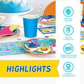 Unique Baby Shark party table setup with bold colors and kid-friendly design