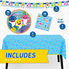 Unique Baby Shark tablecloth protects surfaces and sets undersea vibe.