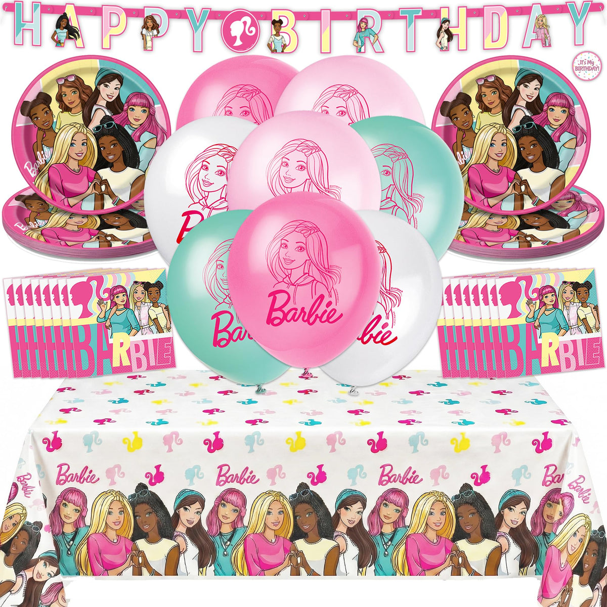 Unique Barbie party balloons create a festive centerpiece for a 16-guest celebration.