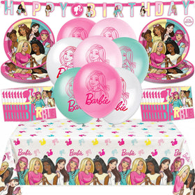 Unique Barbie party balloons create a festive centerpiece for a 16-guest celebration.