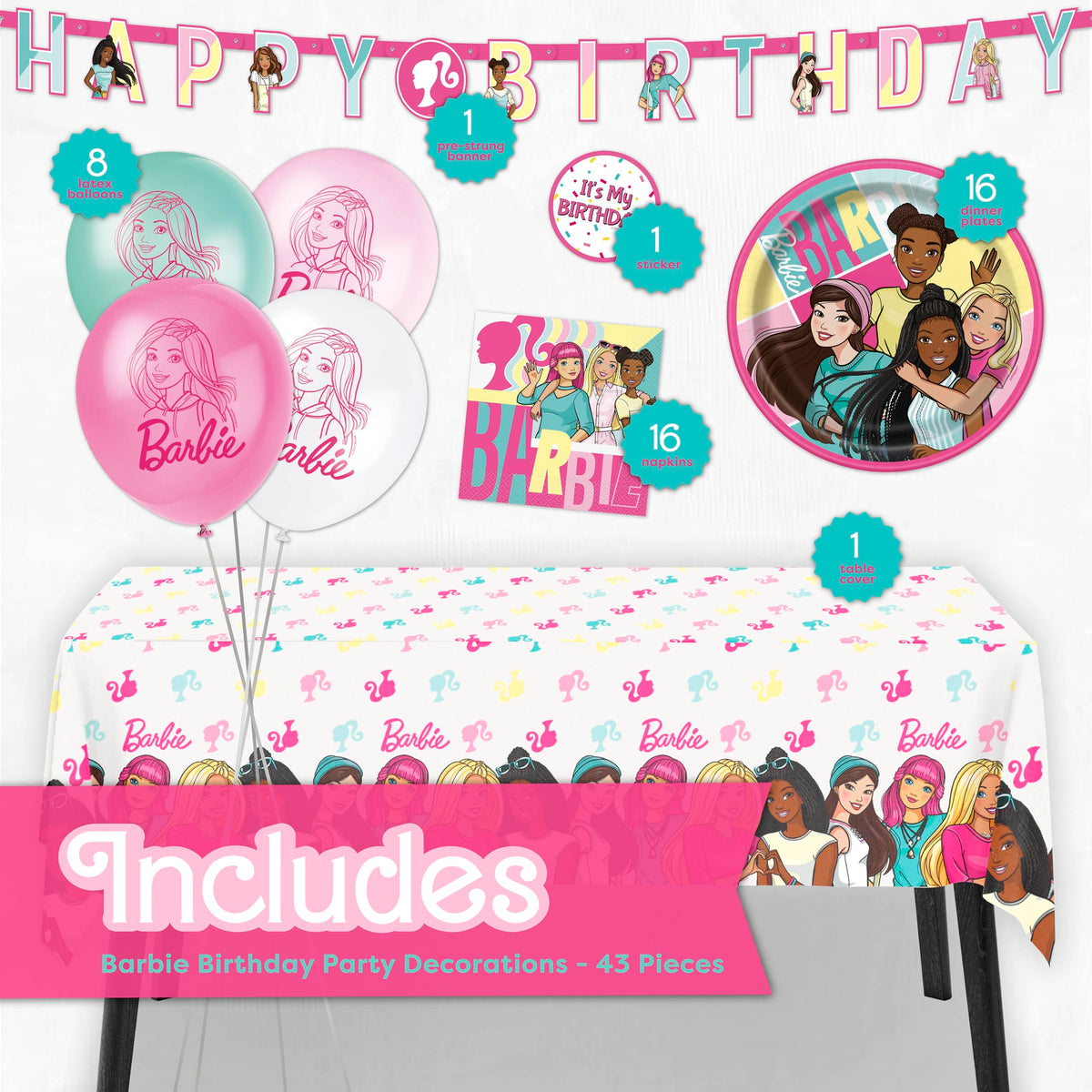 Unique Barbie banner hanging adds a bright focal point to the party setup.