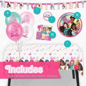 Unique Barbie banner hanging adds a bright focal point to the party setup.