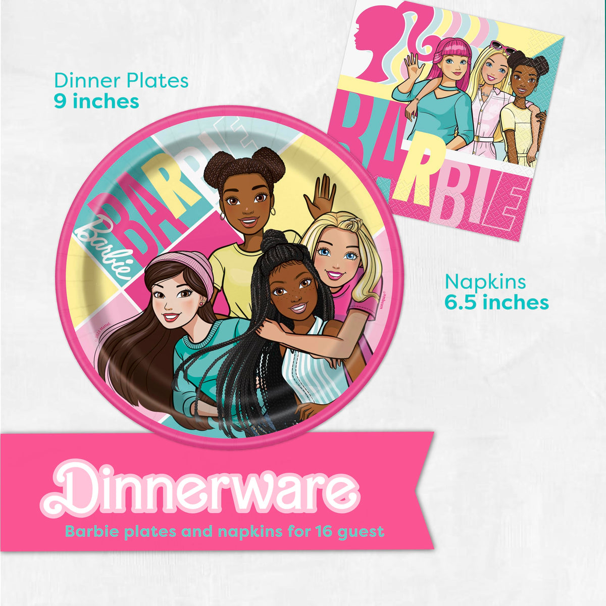 Unique Barbie 9-inch plates handle pizza and cake with sturdy paper.
