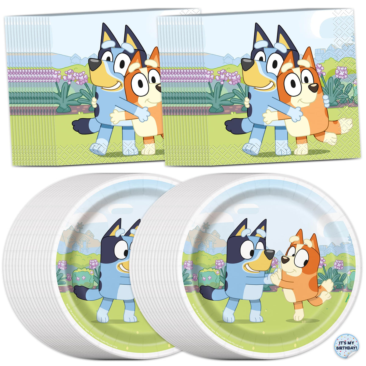 Unique Bluey birthday plates—sturdy dessert service for cake, cupcakes, and snacks.