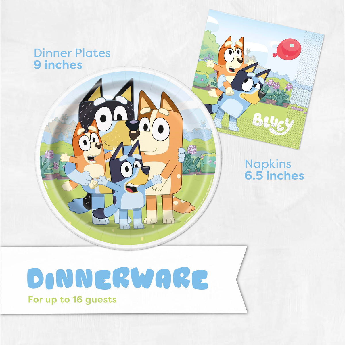 Unique Bluey plates and napkins provide sturdy, leakproof dining for kids.