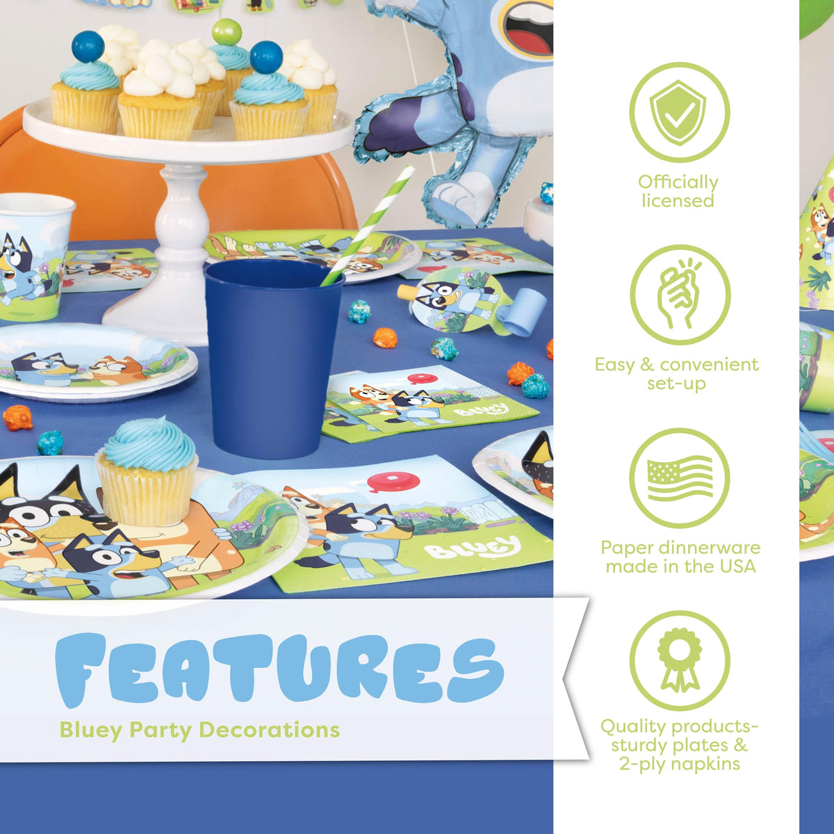 Unique Bluey plates and napkins simplify cleanup and stay on theme