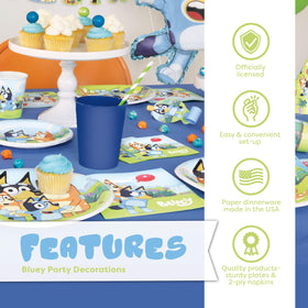 Unique Bluey plates and napkins simplify cleanup and stay on theme