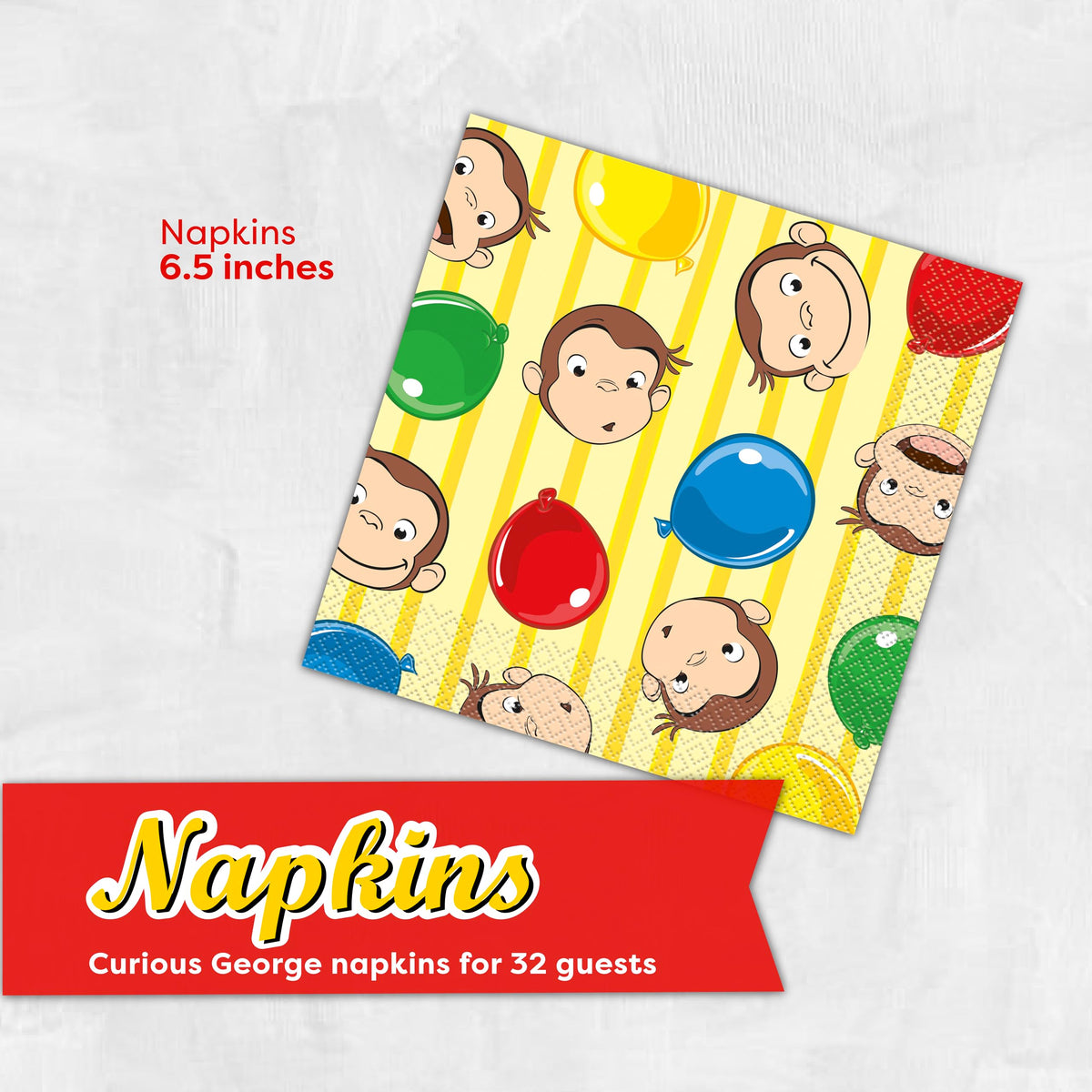 Curious George party tableware bundle featuring plates and napkins for gatherings.
